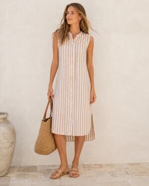 Evi Grintela Tan White Striped Midi Shirt Dress Womens L Casual Minimalist Beach